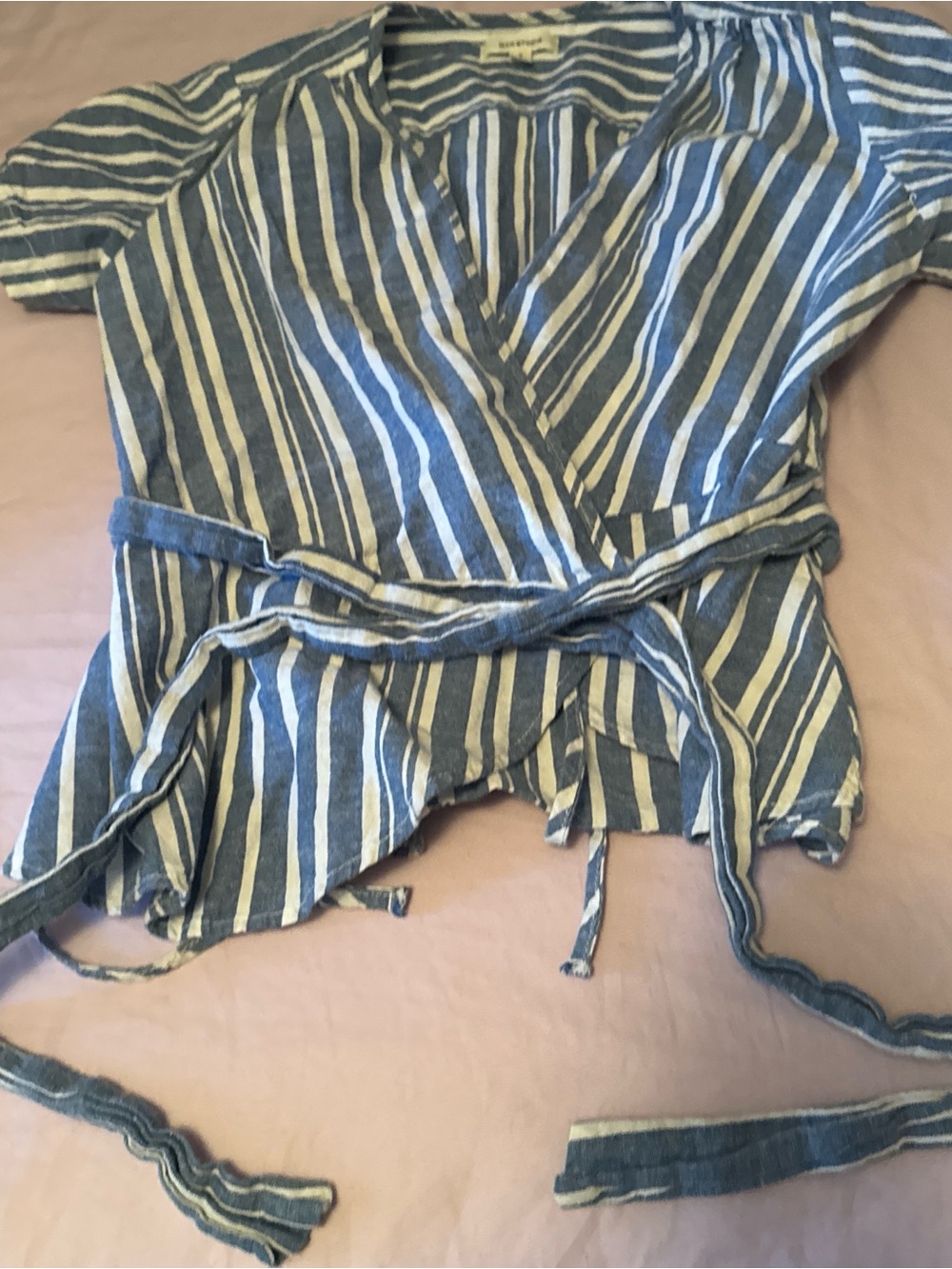 Max Studio Blue and White Striped Wrap Around Top